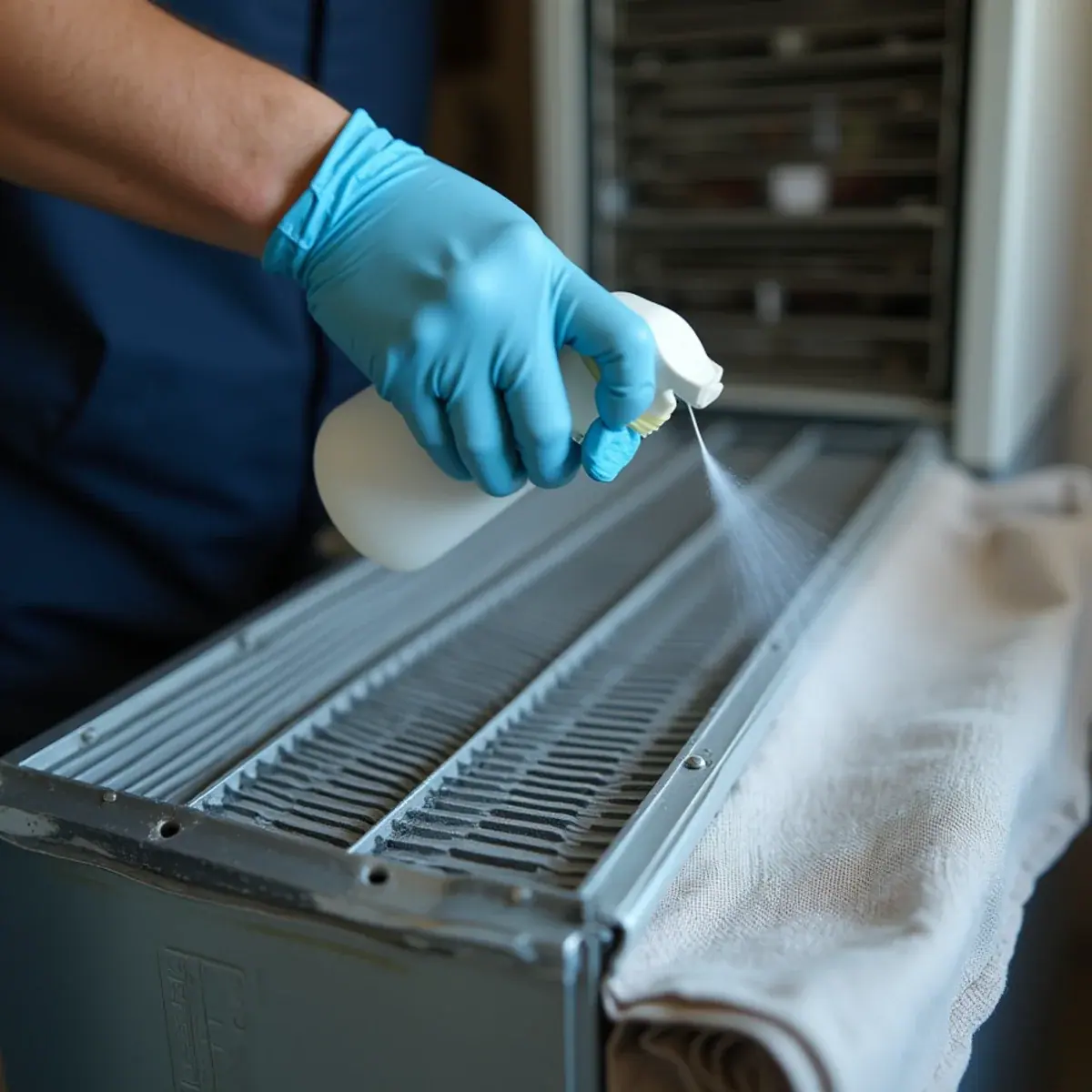 Technician applying non-toxic foaming cleaner to an evaporator coil in a White Plains, NY home