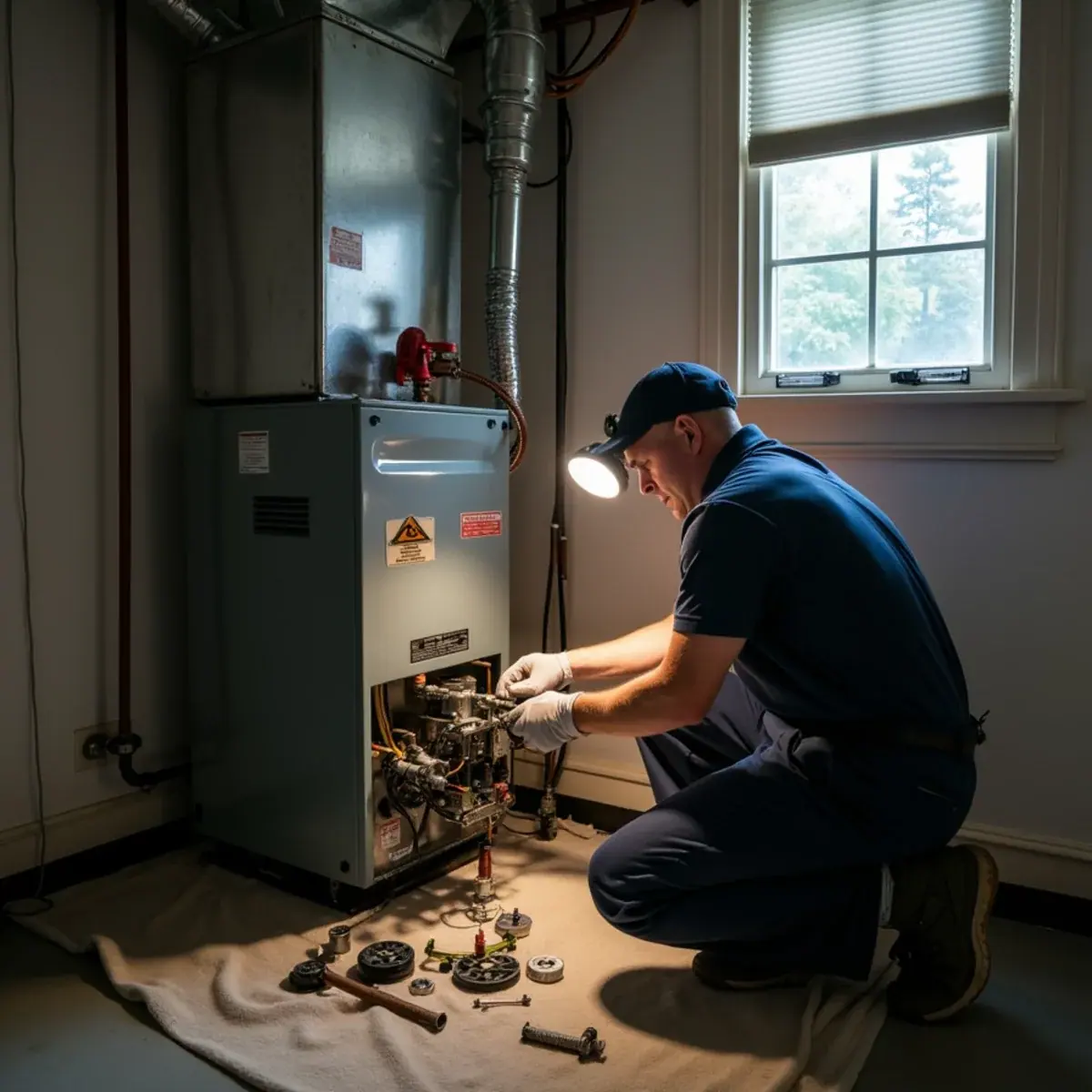 Family-owned HVAC technician cleaning an oil burner in a White Plains, NY basement boiler room