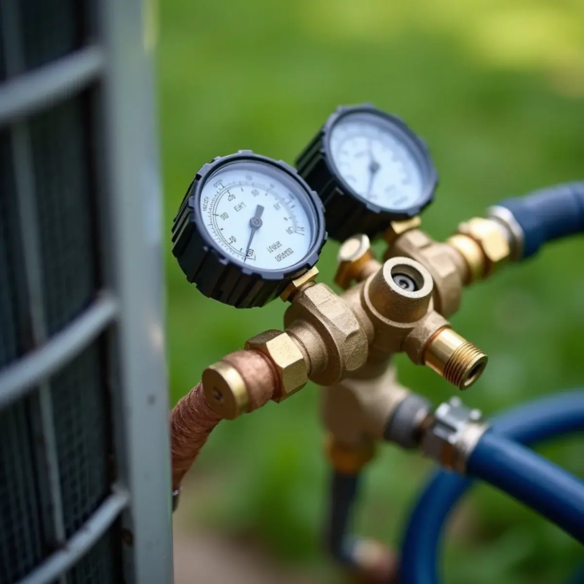 Manifold gauges connected to AC service valves during a repair in Westchester, NY