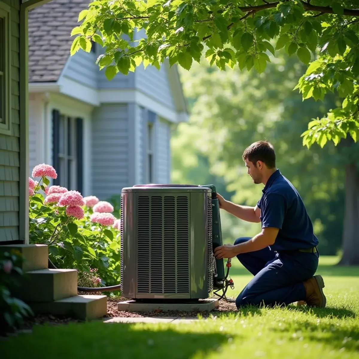 Central AC condenser beside a shingle-style home in White Plains, NY on a summer day