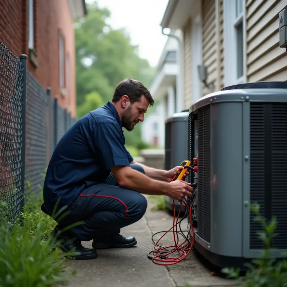 HVAC technician testing an outdoor central air condenser behind a two-family home in Yonkers, NY during summer