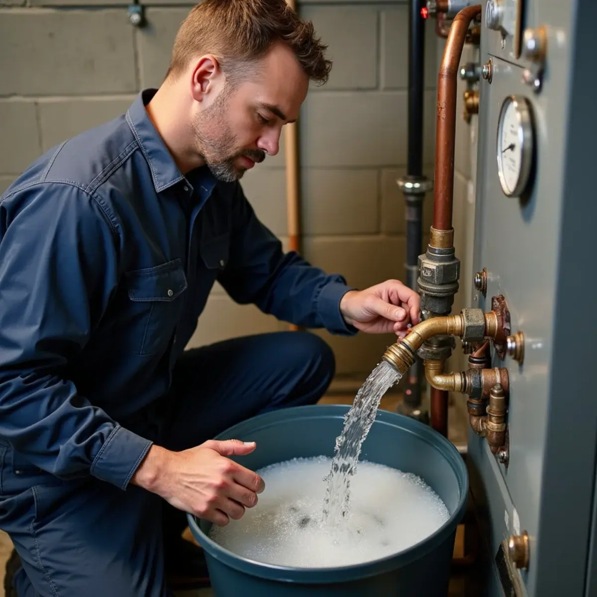 Technician purging air from a hot-water boiler zone through the purge valve in a Larchmont, NY basement