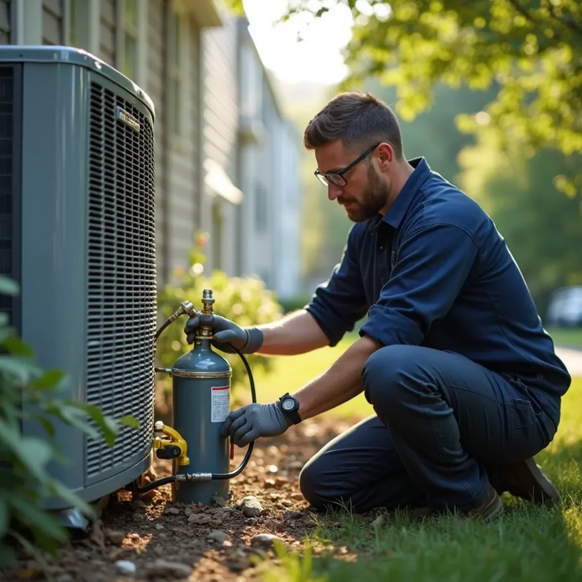 EPA 608 certified technician recovering refrigerant from a central AC condenser in White Plains, NY