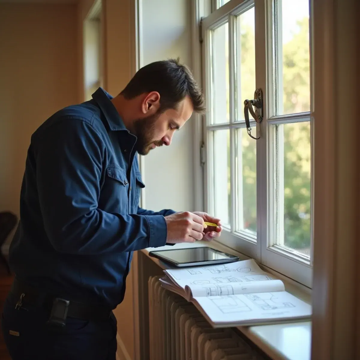 HVAC technician measuring windows for a Manual J load calculation in a White Plains, NY home