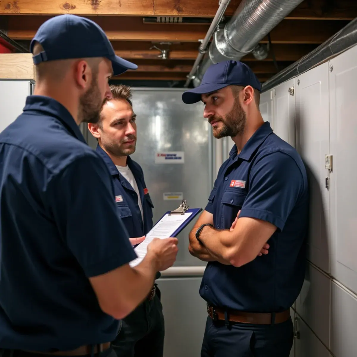 Building inspector and technician checking new furnace venting in a White Plains, NY basement