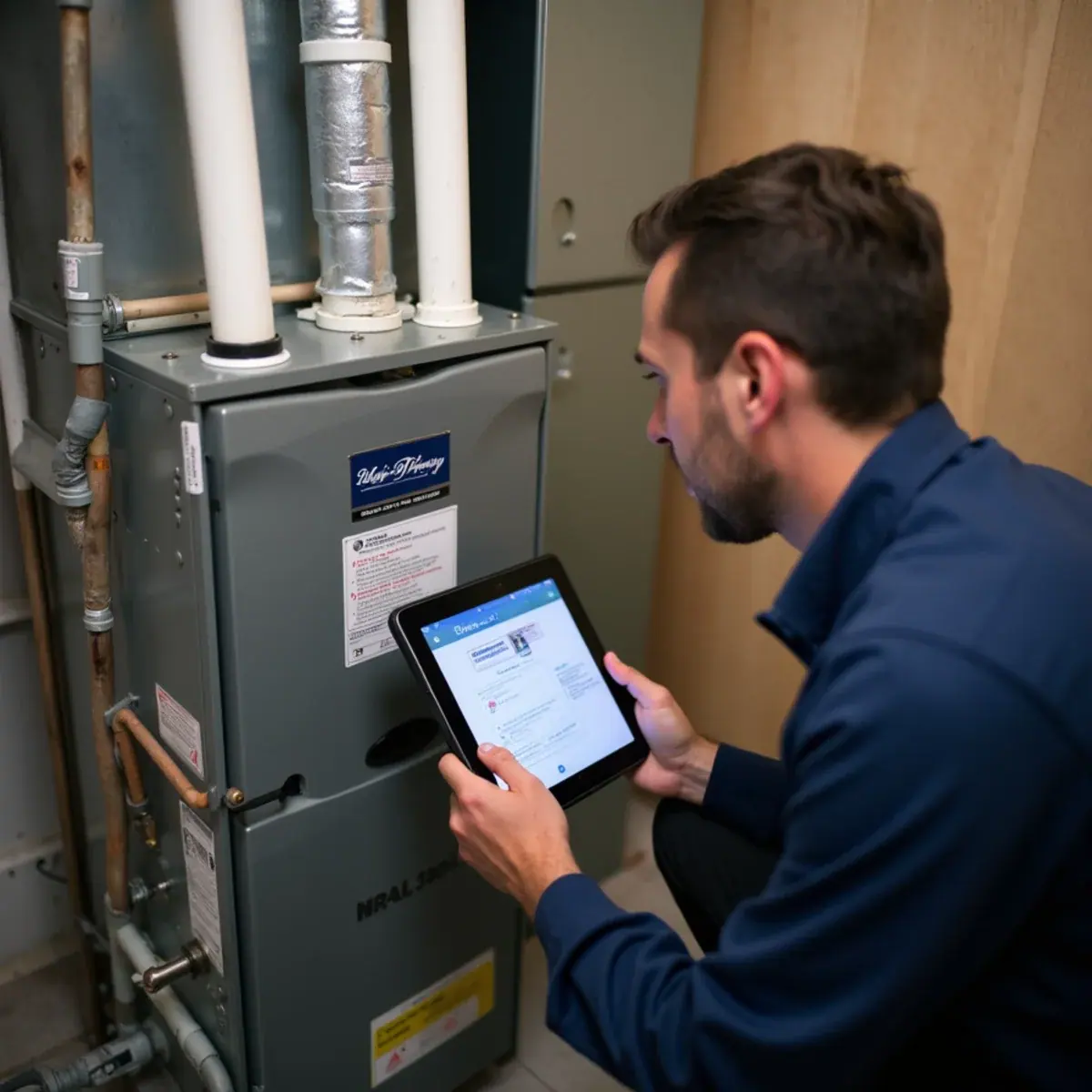 Technician registering a new furnace warranty on a tablet in a White Plains, NY home