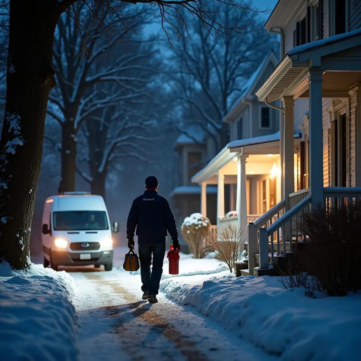 HVAC technician arriving for an emergency no-heat call at night in White Plains, NY