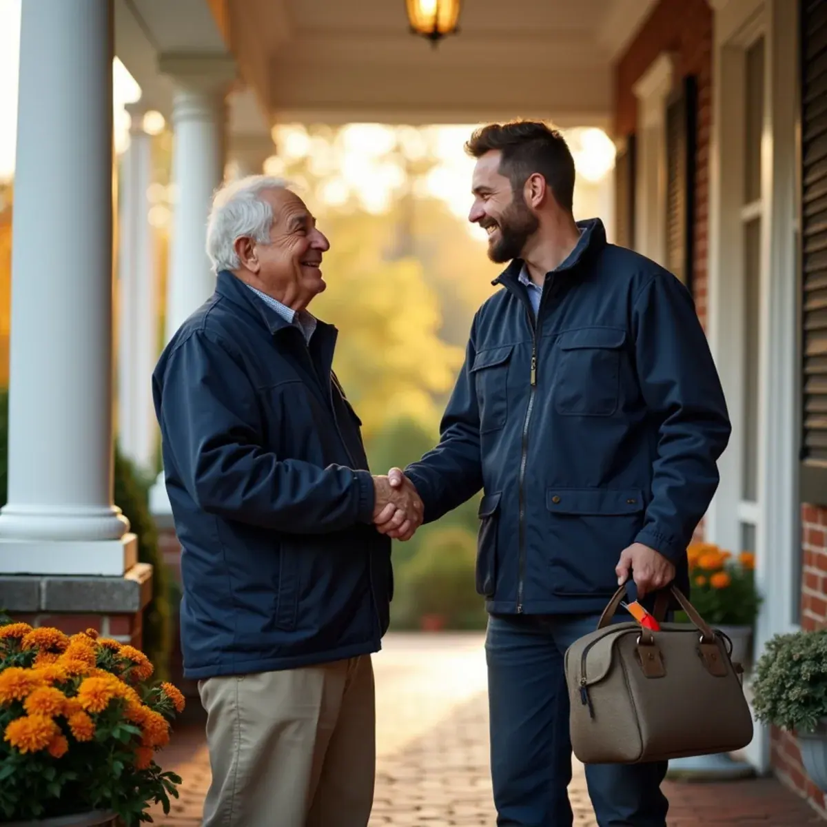 Long-time customer chatting with an HVAC technician on the porch of a White Plains, NY home