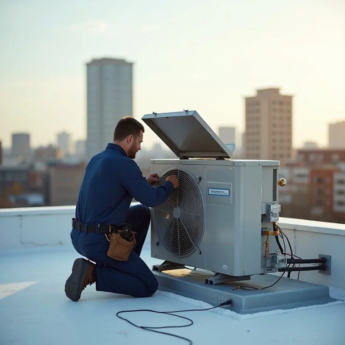 Technician servicing a rooftop HVAC unit above a retail building in White Plains, NY