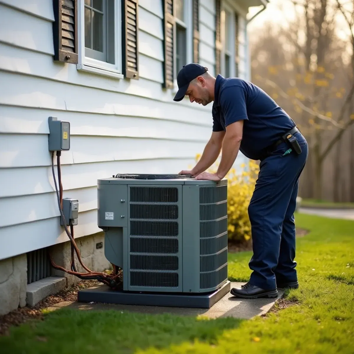 Outdoor heat pump condenser on a pad beside a colonial home in Rye, NY in early spring