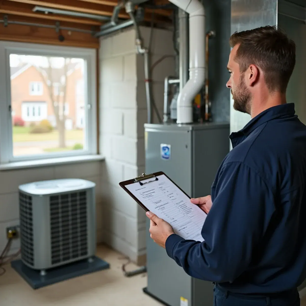 New high-efficiency gas furnace beside an outdoor heat pump unit at a Westchester County, NY home