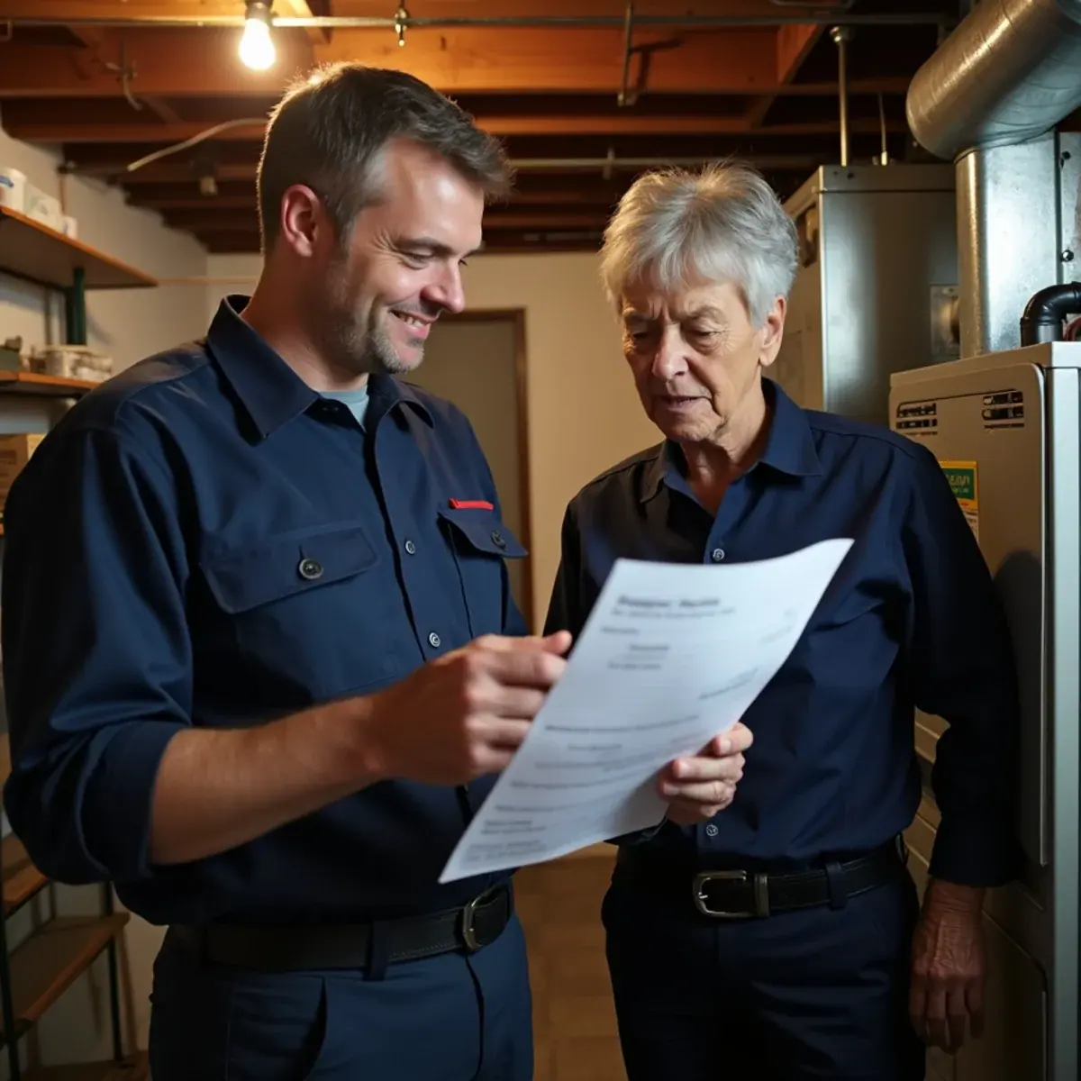 HVAC technician reviewing a written repair estimate with a homeowner beside a basement furnace in New Rochelle, NY