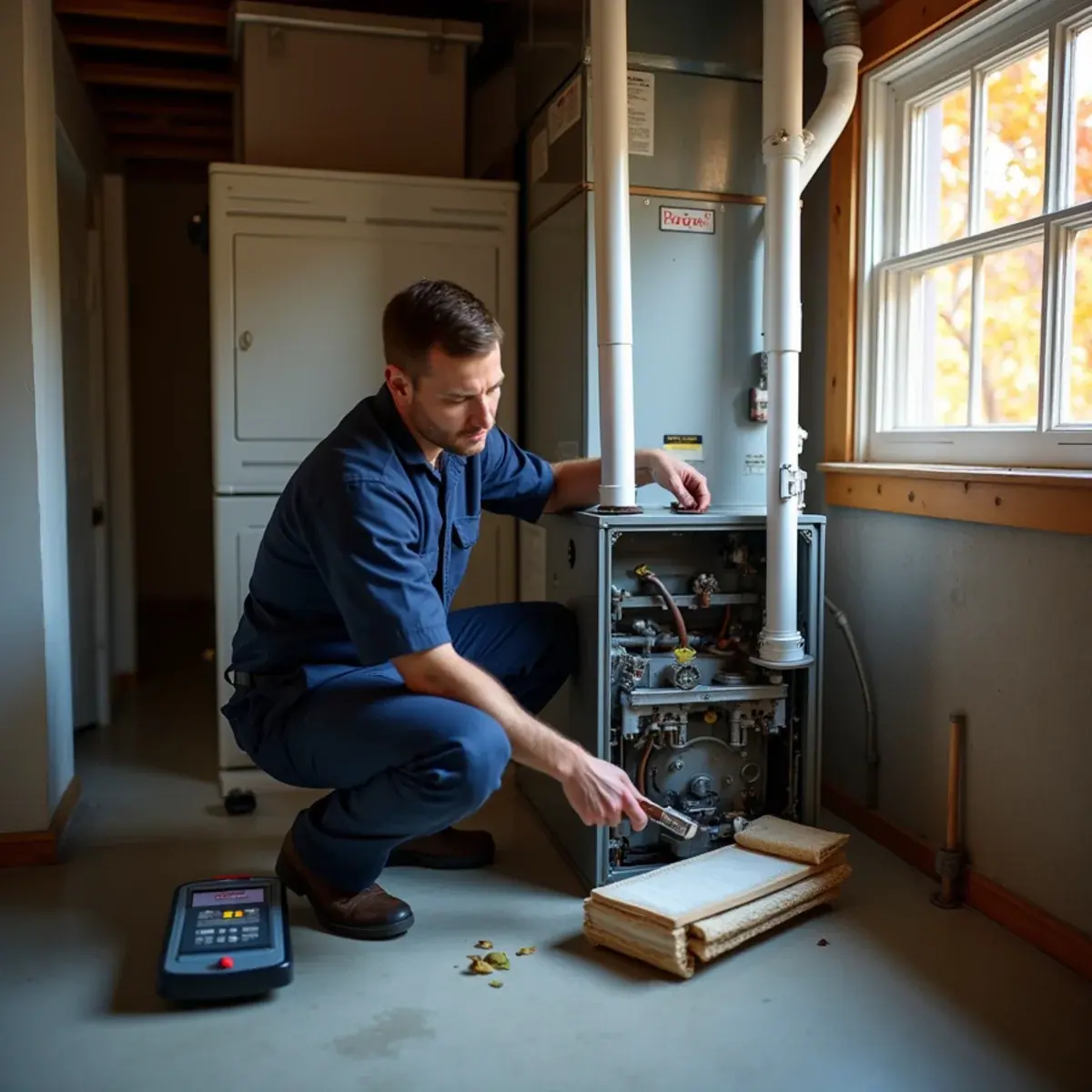 HVAC technician cleaning furnace burners during a fall maintenance visit in a Westchester County, NY basement