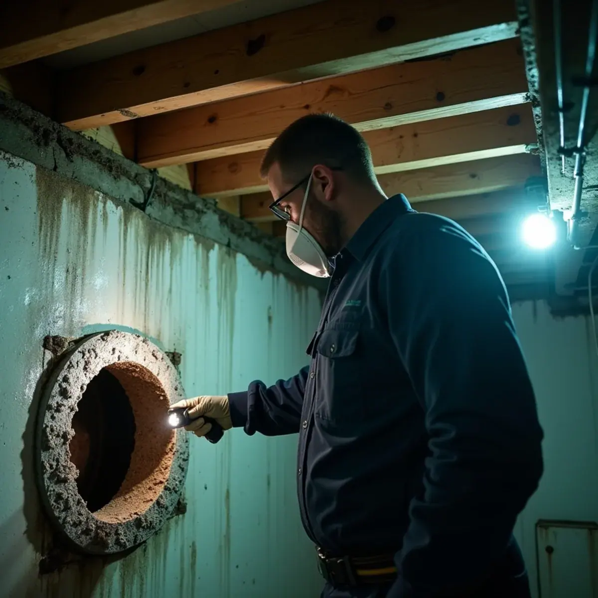 Technician inspecting the inside of a basement return air duct for mold in a New Rochelle, NY home