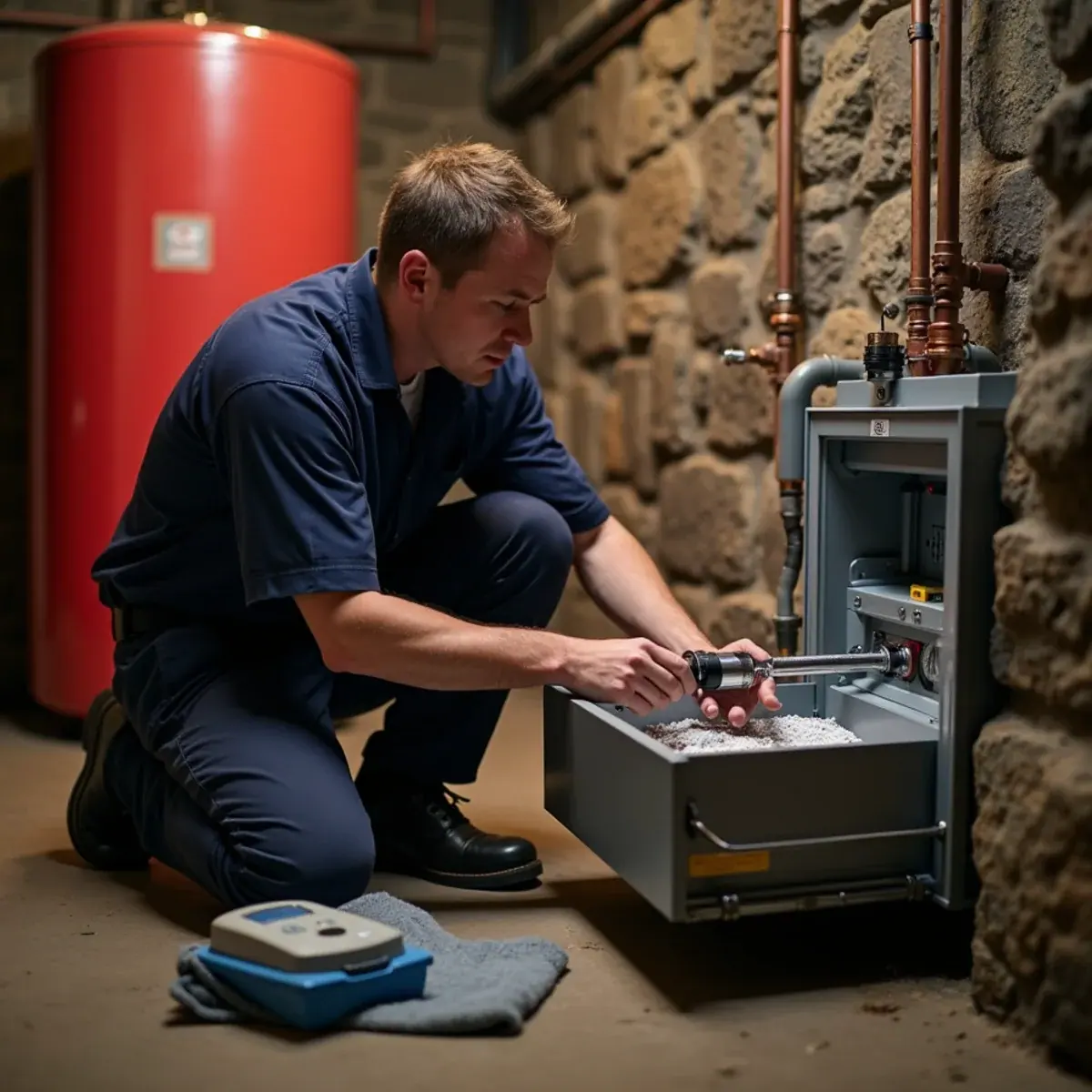 Technician replacing the nozzle on an oil burner in a basement boiler room in Bedford, NY