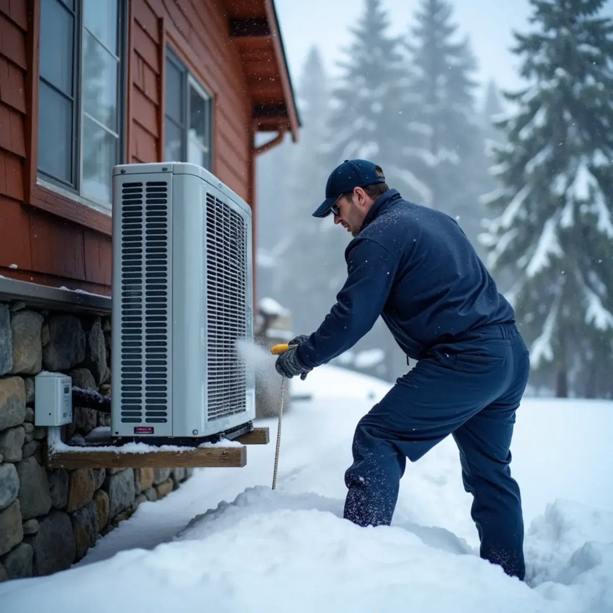 Cold-climate heat pump running on a raised stand in snow beside a Carmel, NY home
