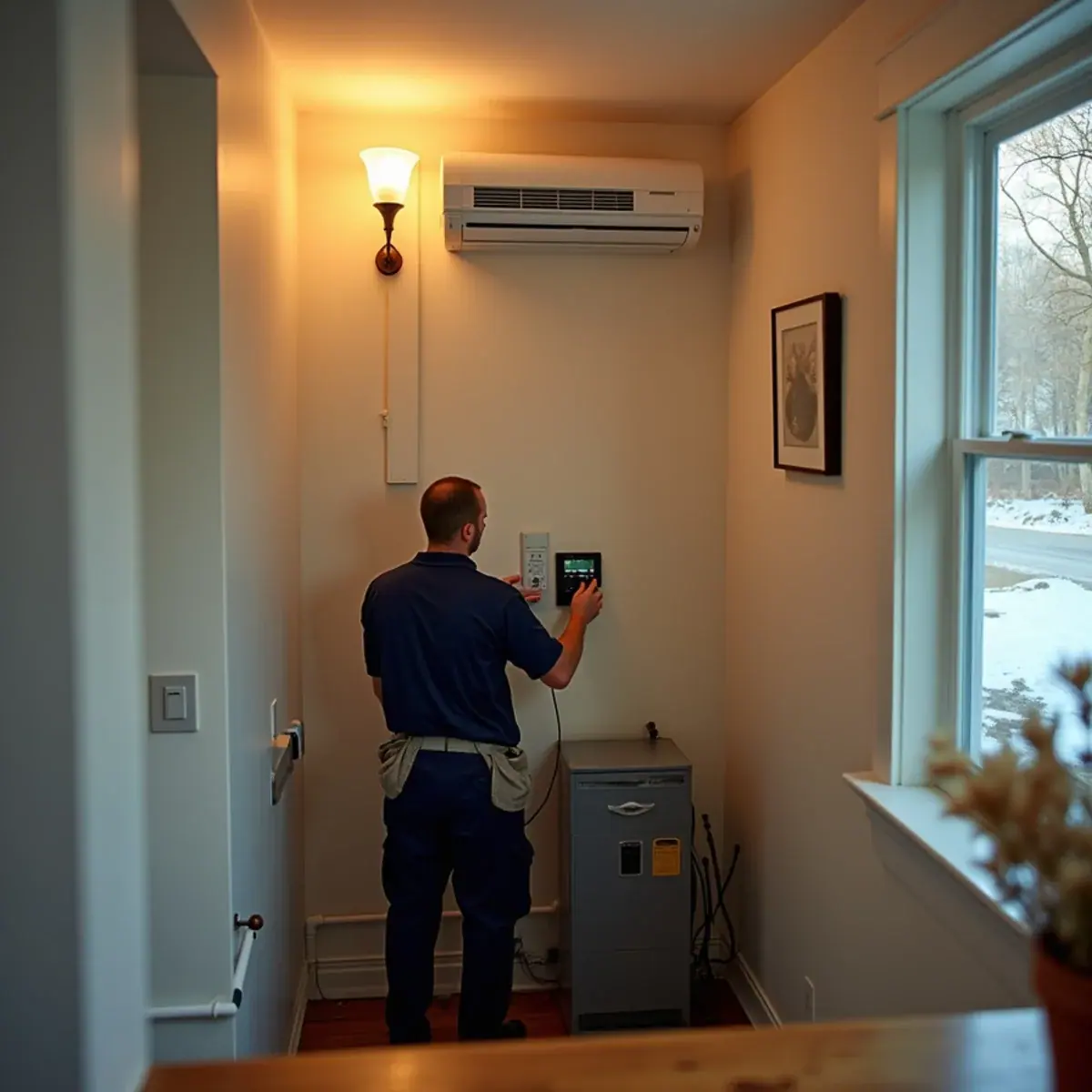 Ductless heat pump head and existing oil boiler in a hybrid heating setup in a Mahopac, NY home