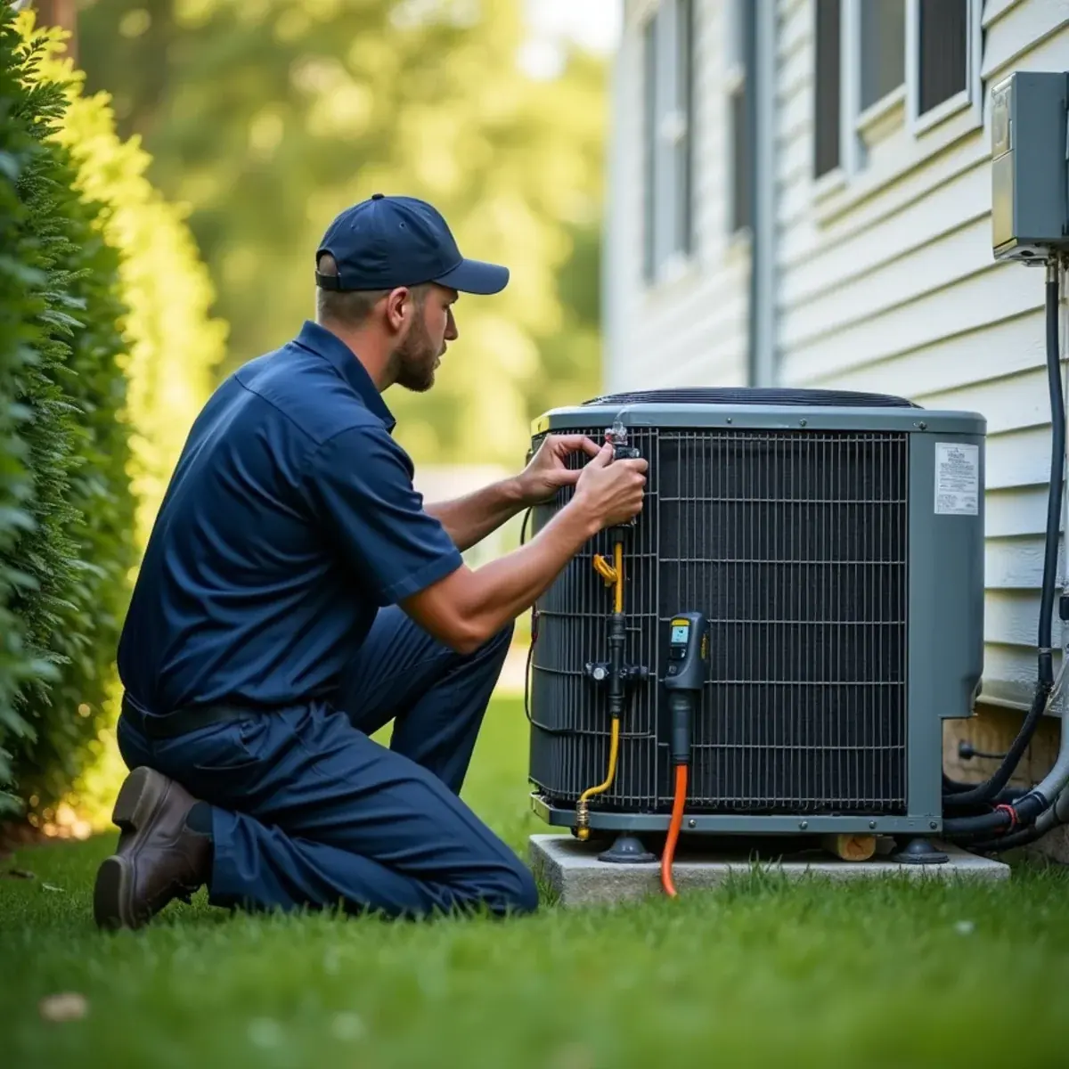 Technician connecting refrigerant gauges to a central air condenser outside a colonial home in Harrison, NY