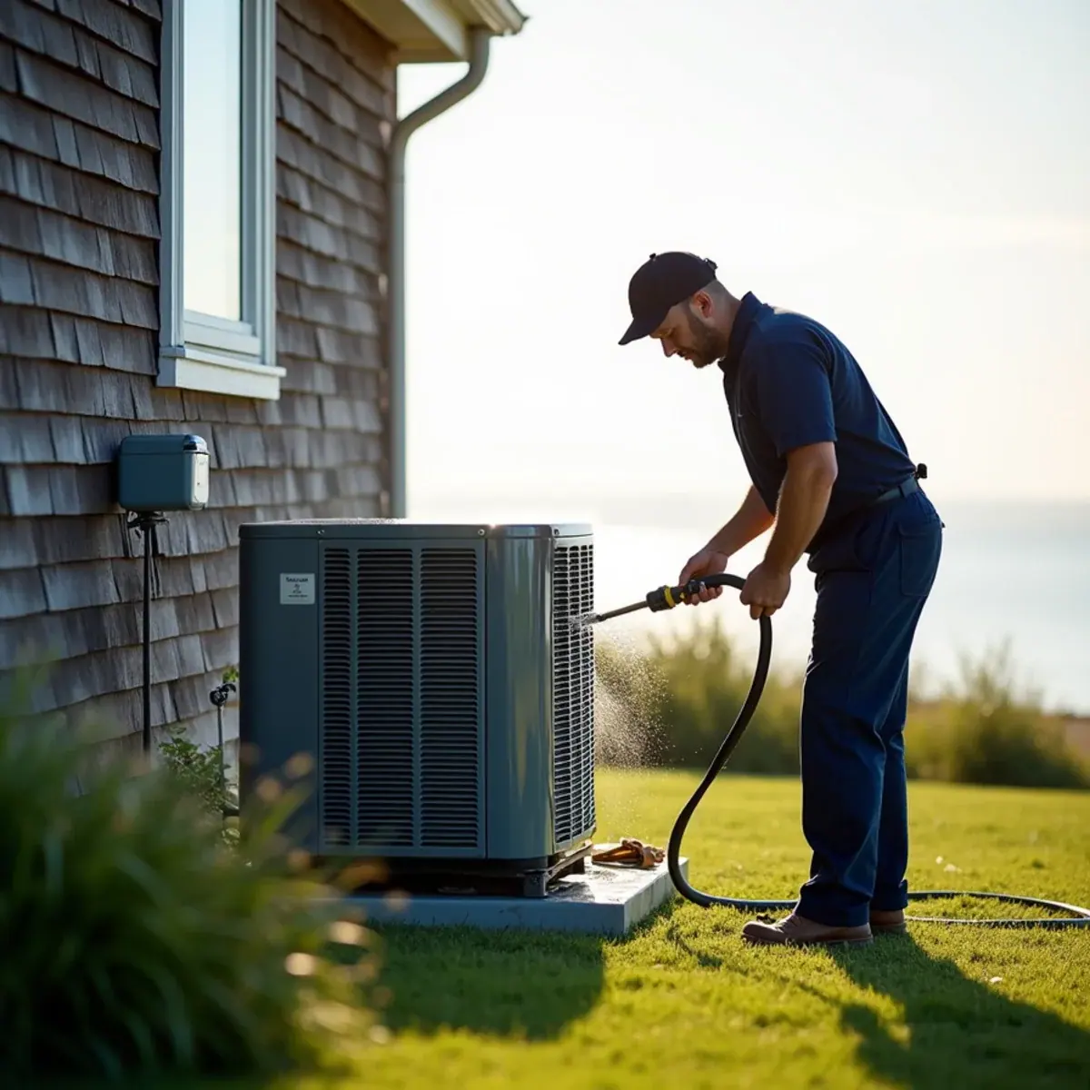 Central air conditioner condenser on a raised pad near the shoreline in Rye, NY