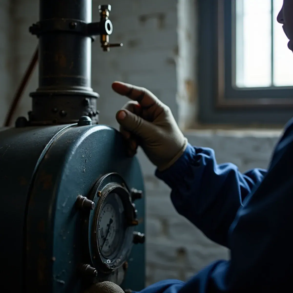 Cast-iron steam boiler with sight glass and pressure control in a White Plains, NY basement