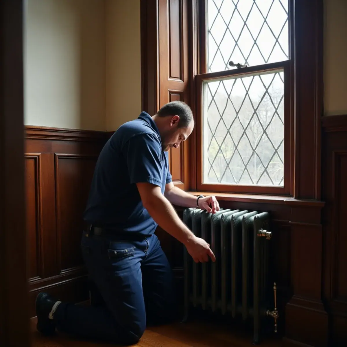 Cast-iron steam radiator with an adjustable air vent under a leaded window in a Scarsdale, NY Tudor home