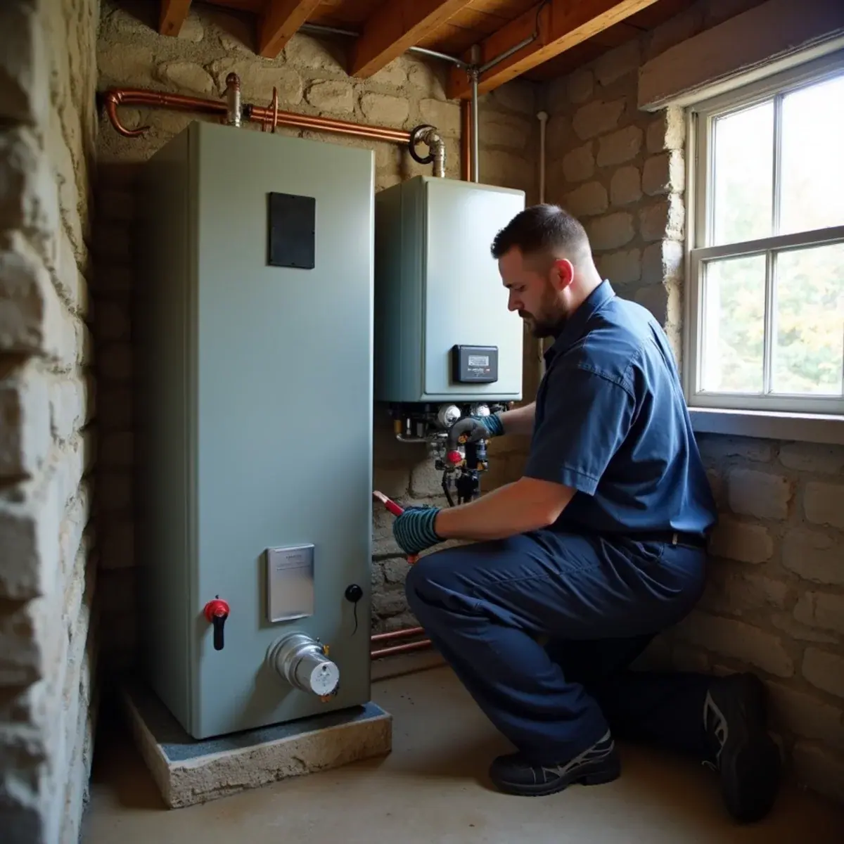 Wall-mounted tankless water heater beside an older tank water heater in a Tarrytown, NY basement