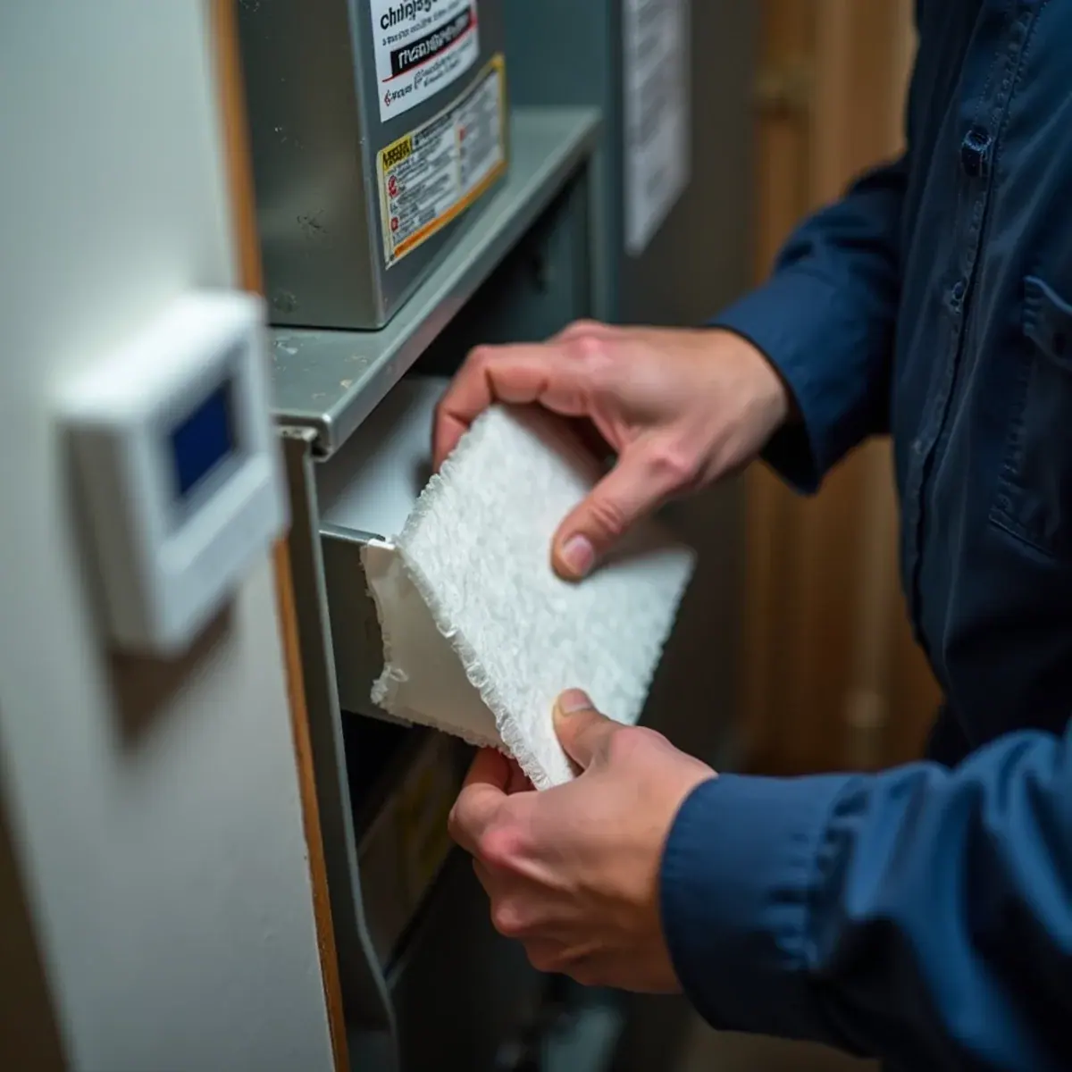 HVAC technician changing a furnace air filter in a Westchester County home