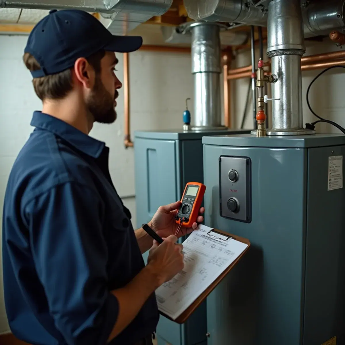 Technician servicing a multi-family building boiler room in White Plains, NY