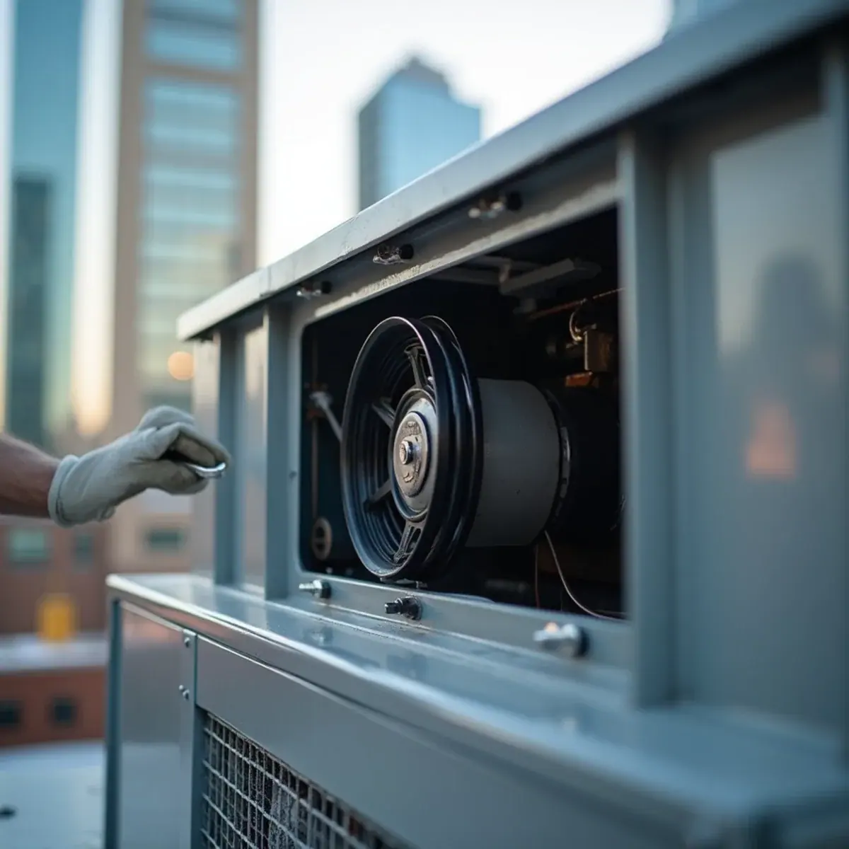 Close-up of a rooftop unit blower and belt on a downtown White Plains, NY building