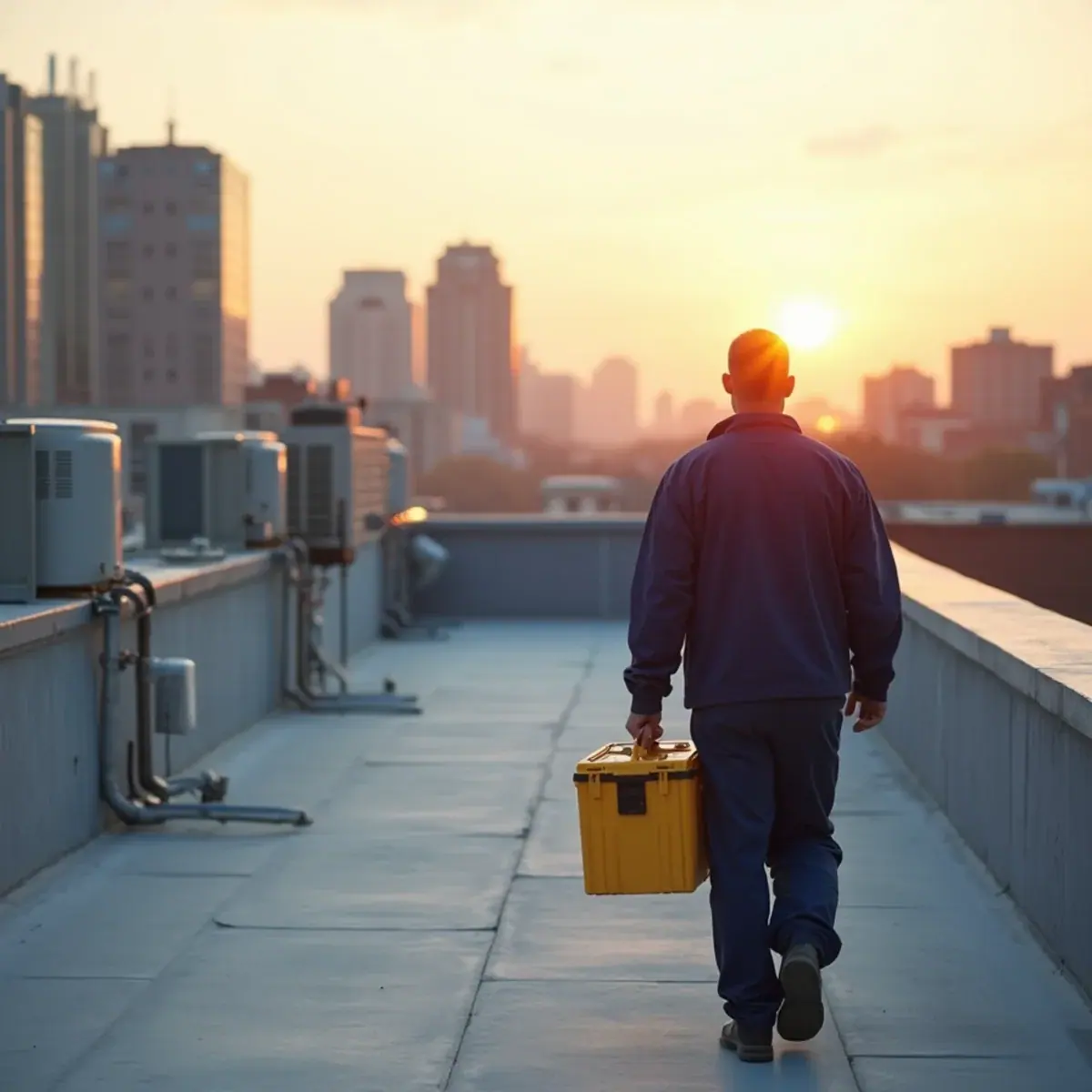 Commercial HVAC technician walking a mixed-use building roof in downtown White Plains, NY