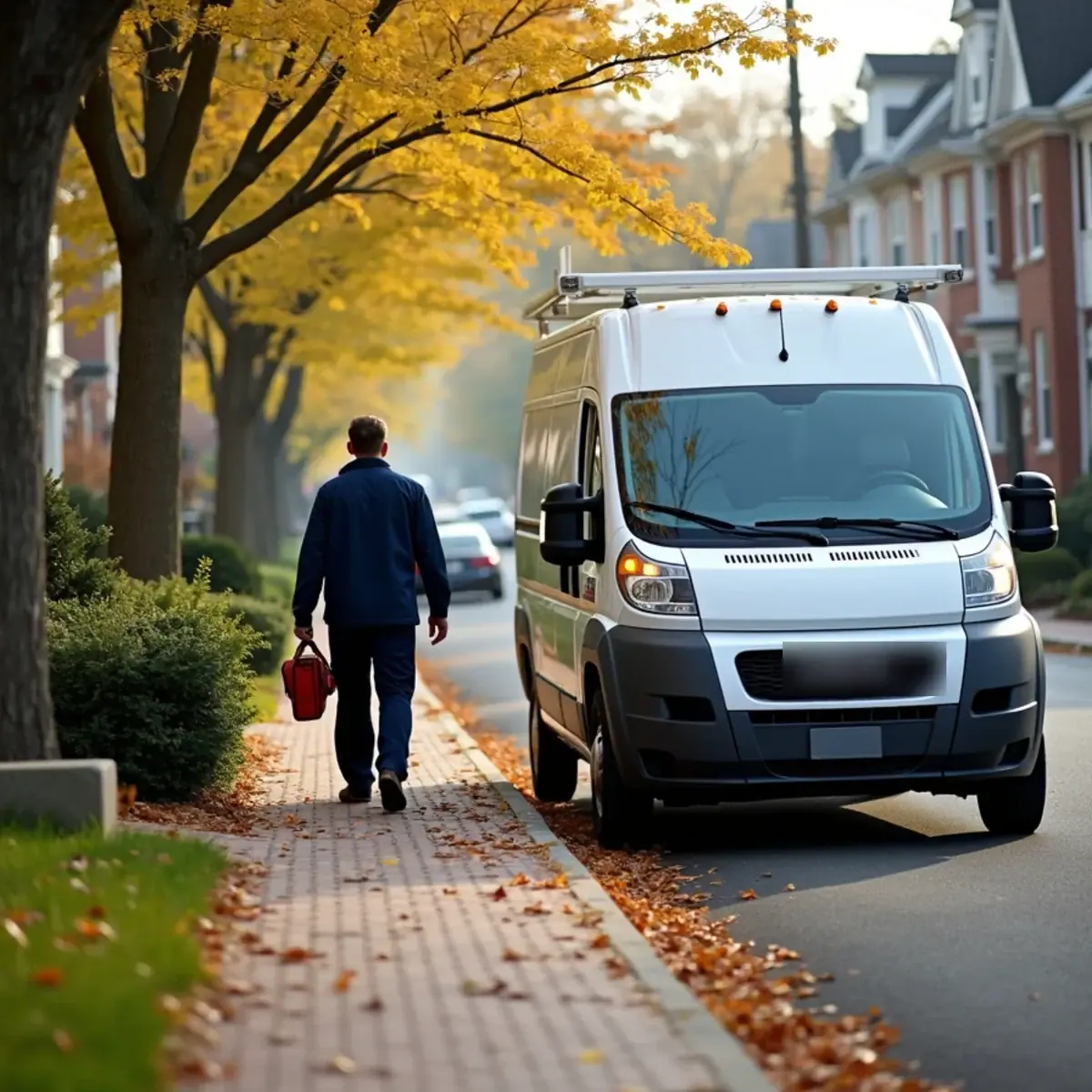 HVAC service van arriving at a colonial home on a tree-lined street in White Plains, NY