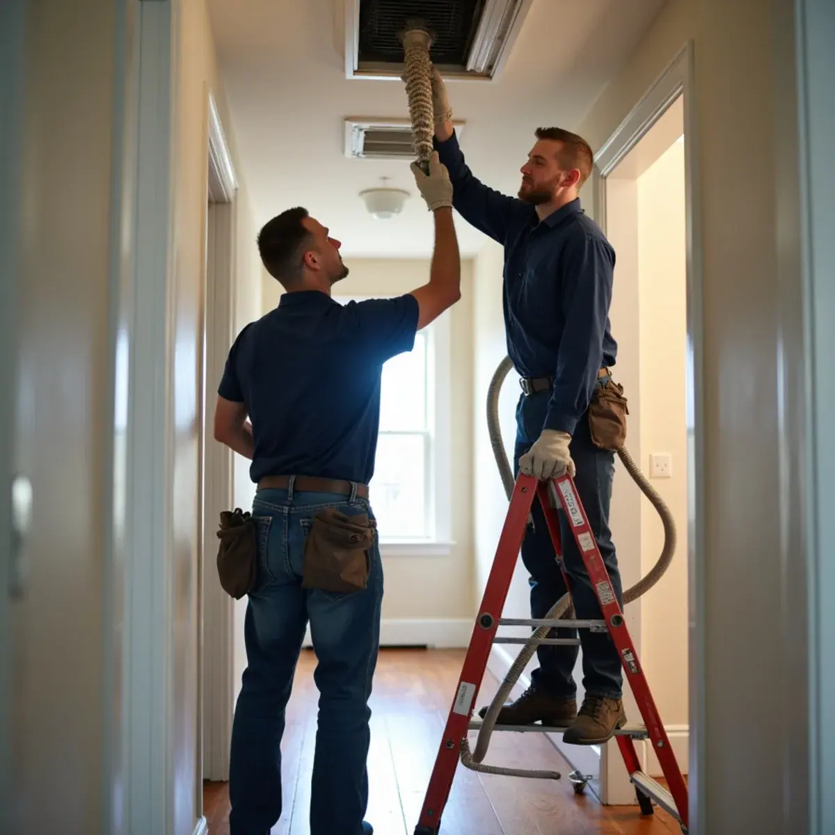 Technician running a rotary brush through a supply duct in a White Plains, NY home