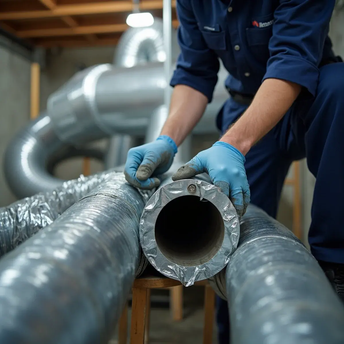 Close-up of a negative-air vacuum hose sealed to a duct trunk line in Westchester, NY
