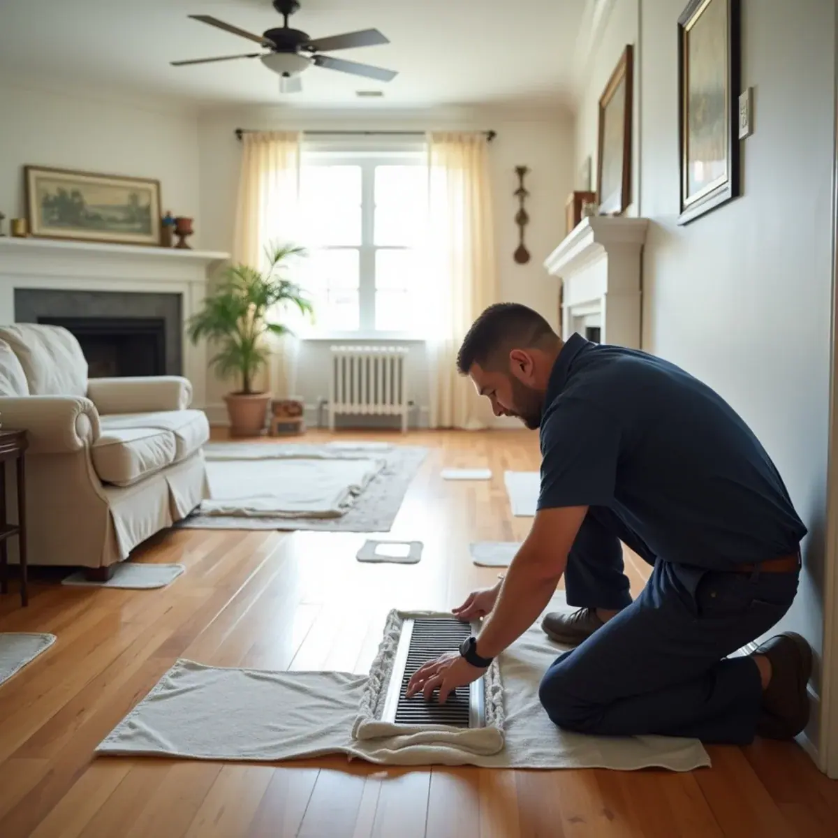 Air duct cleaning crew protecting floors in a White Plains, NY home