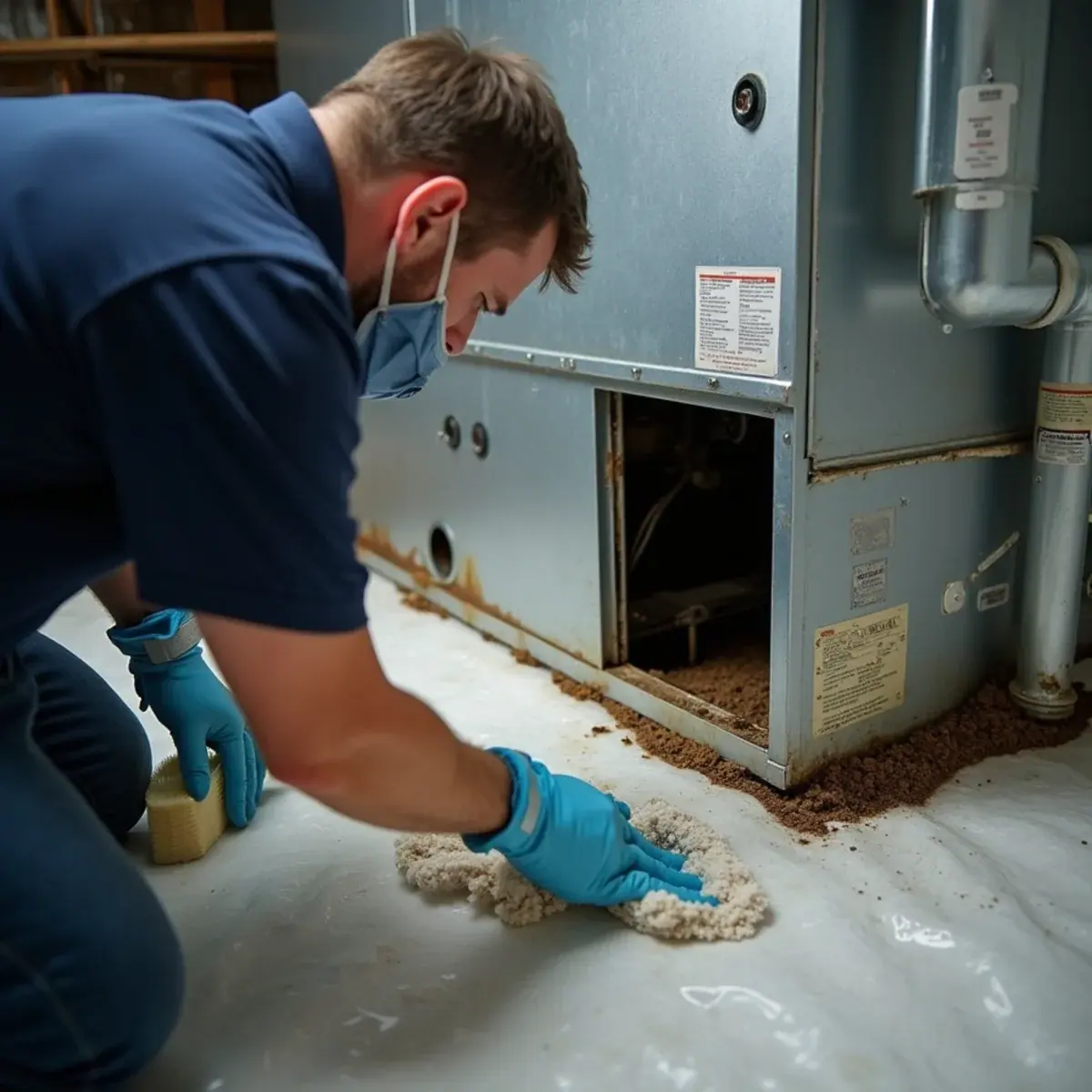 Technician cleaning a moldy air handler drain pan in a White Plains, NY basement