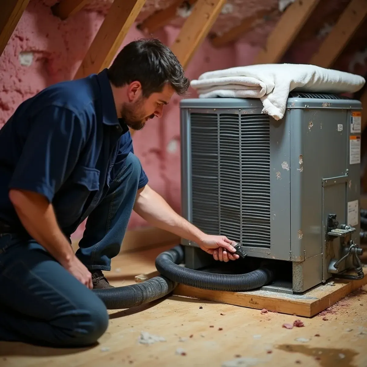 Technician clearing a clogged condensate drain at an attic air handler in White Plains, NY