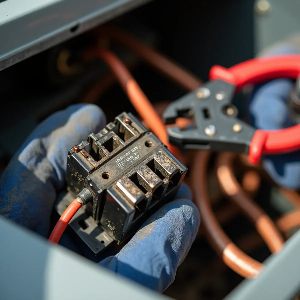 Close-up of burned contactor and compressor wiring inside an AC condenser in Westchester, NY