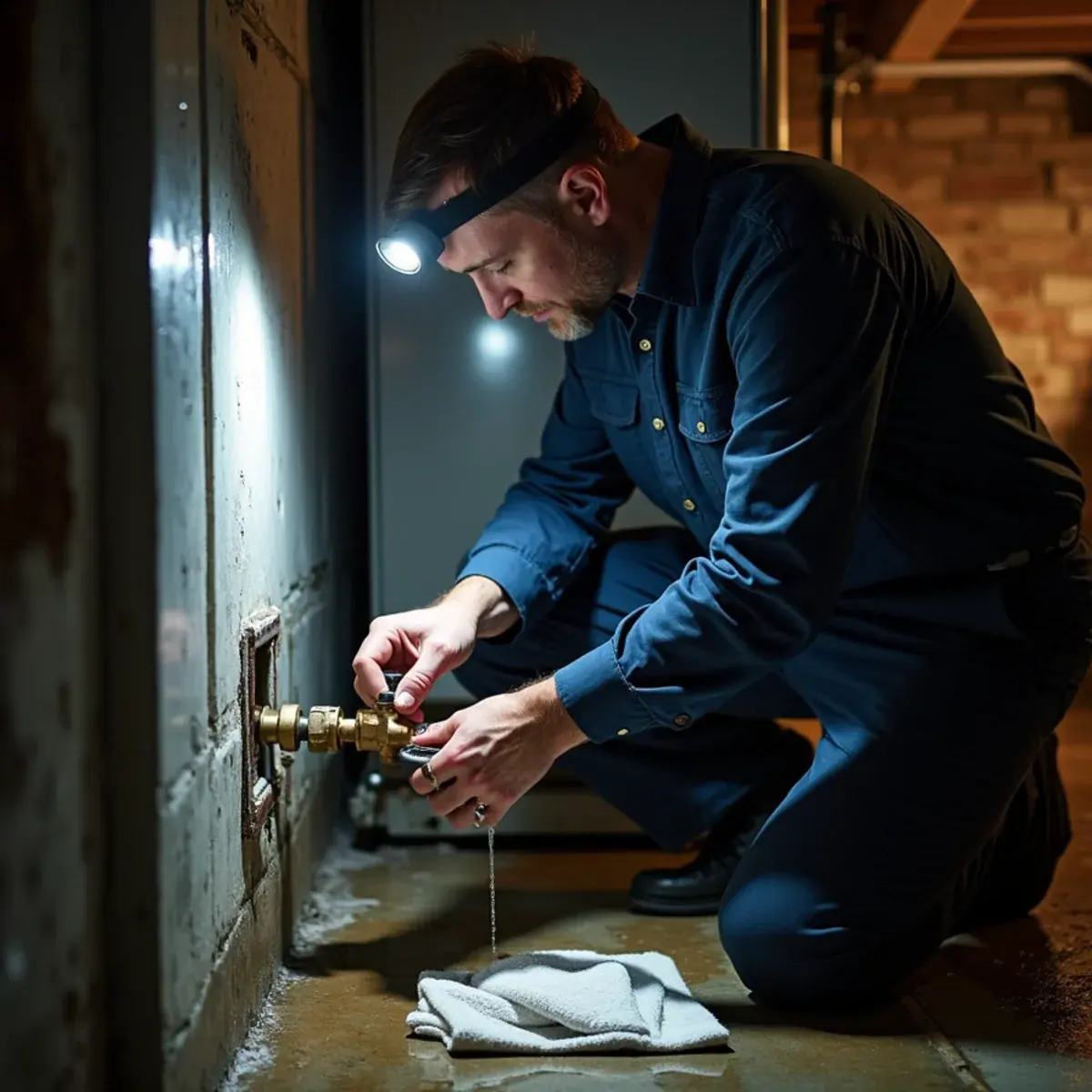 Emergency technician isolating a leaking boiler valve in a White Plains, NY basement