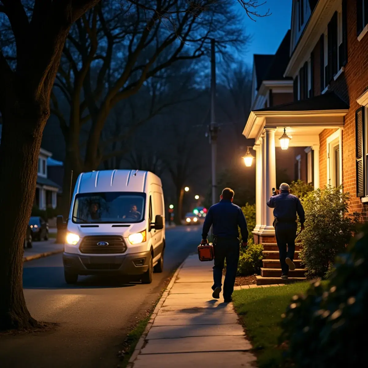 Emergency HVAC technician arriving at night at a White Plains, NY home