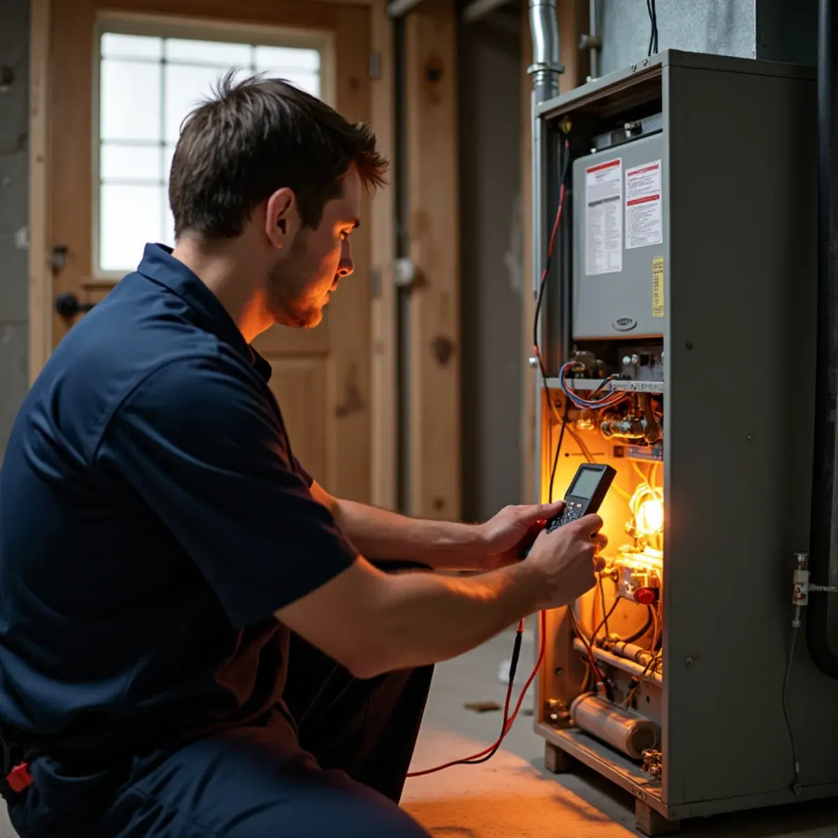 Technician testing a gas furnace ignition sequence during heating repair in White Plains, NY
