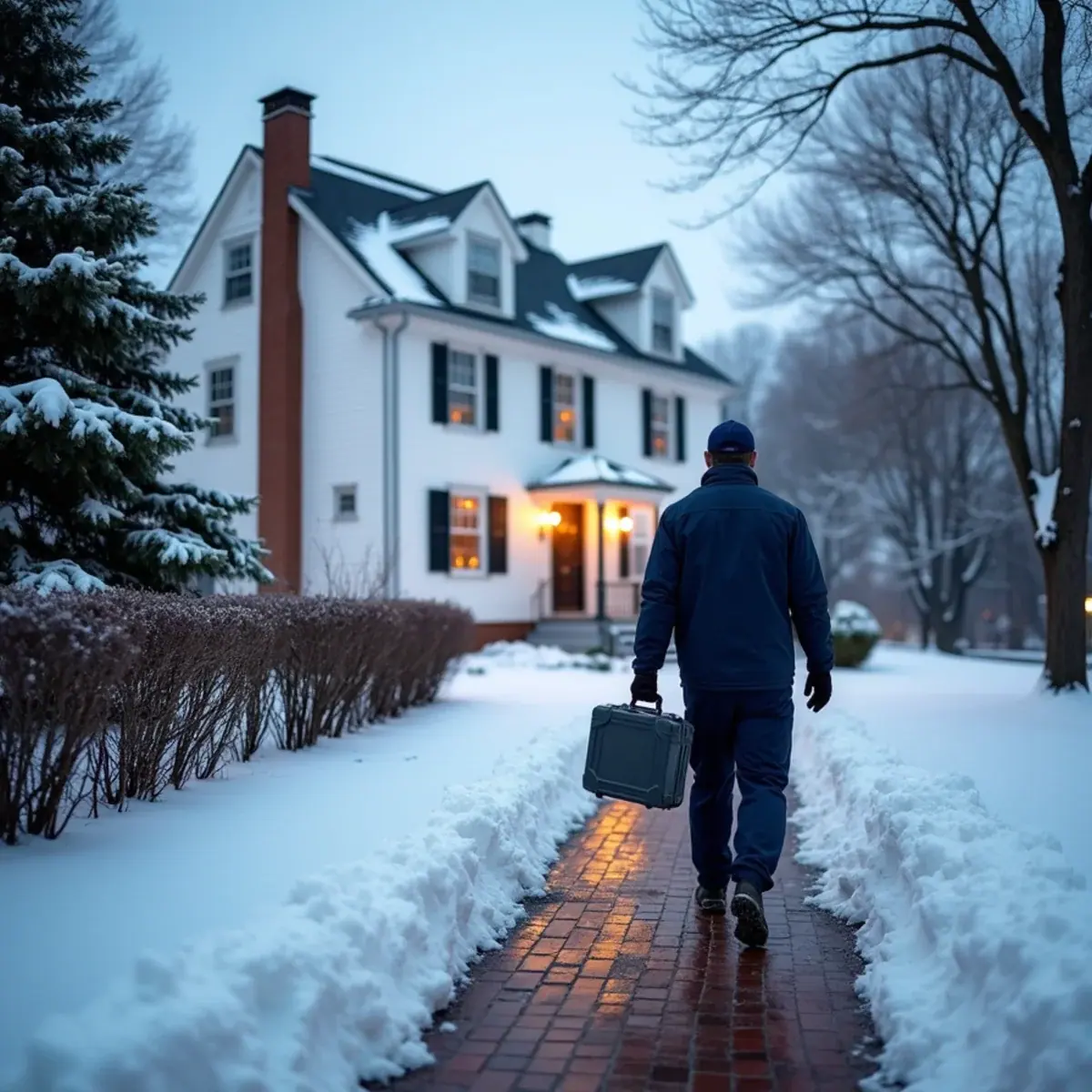 Technician arriving at a snowy White Plains, NY colonial for a heating repair call