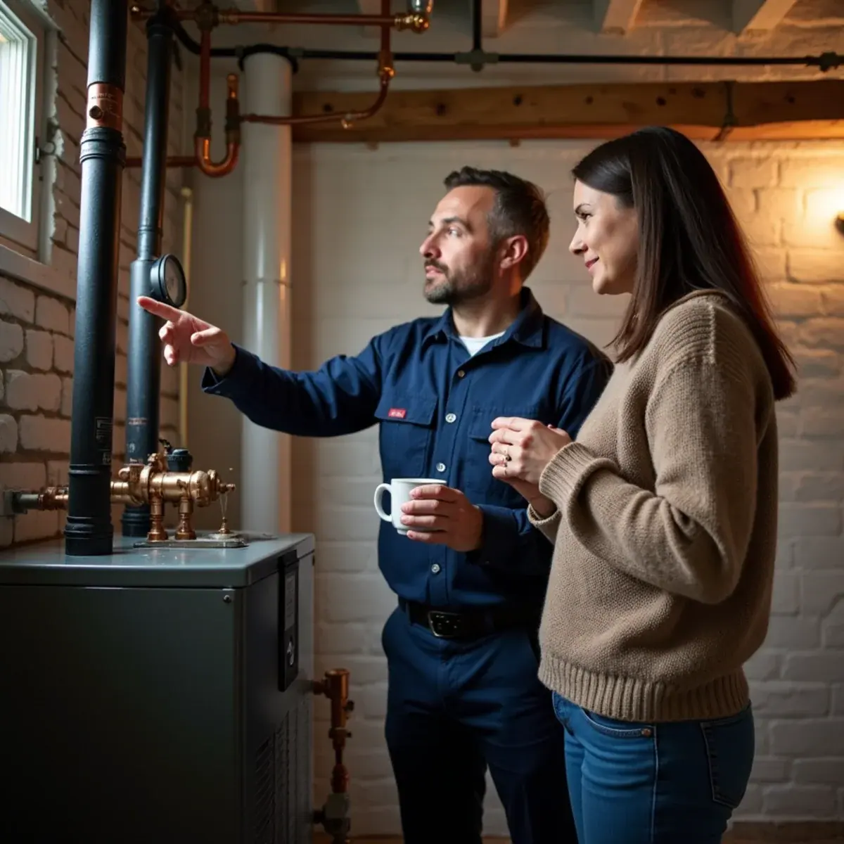 HVAC technician explaining a boiler repair to a homeowner in a Westchester County basement