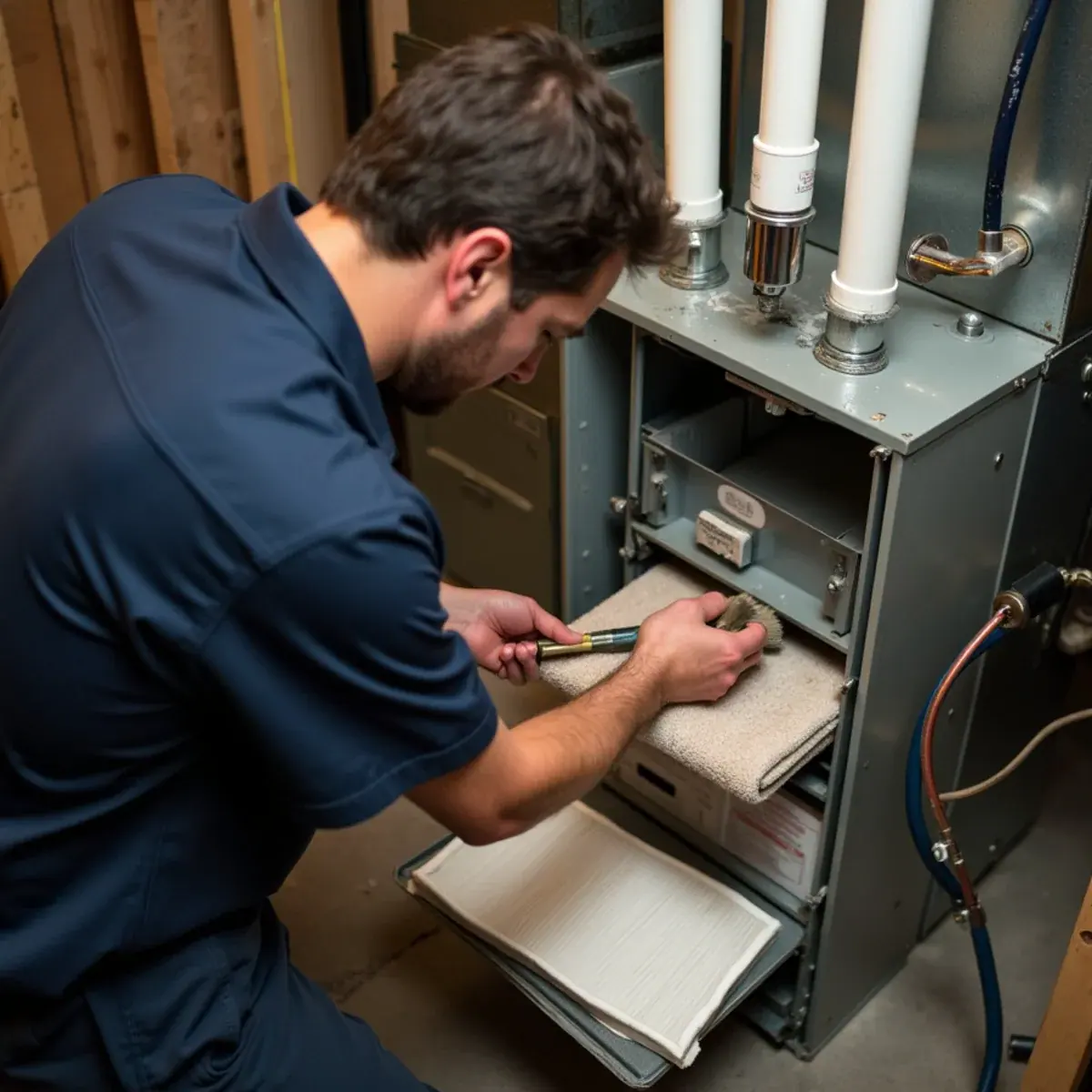 Technician cleaning gas furnace burners during a fall maintenance visit in White Plains, NY
