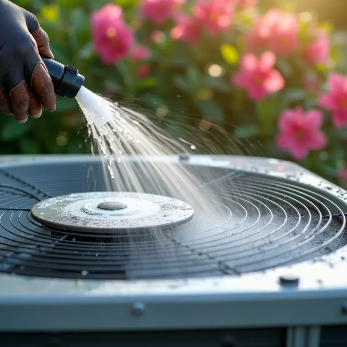 Close-up of a condenser coil being rinsed during spring AC maintenance in Westchester, NY