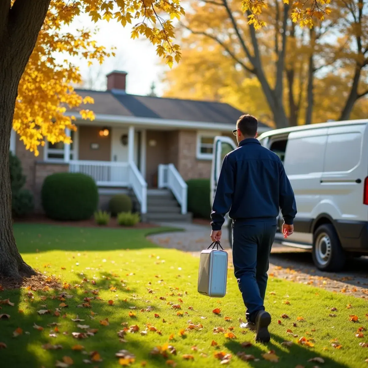 Seasonal HVAC maintenance visit at a split-level home in White Plains, NY in fall