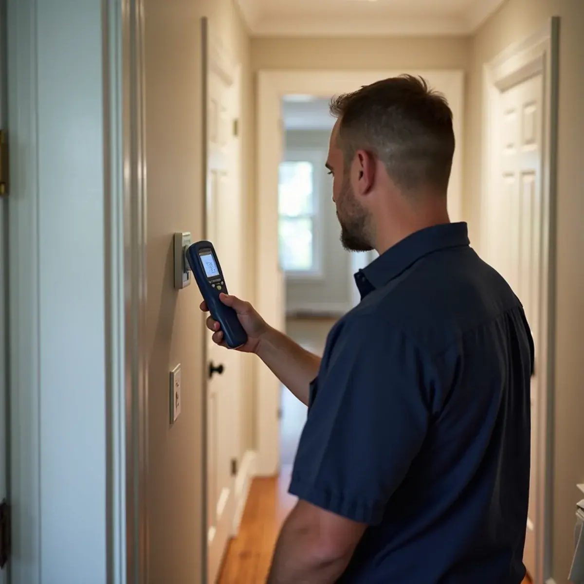 HVAC contractor comparing thermostat reading with a probe thermometer in a White Plains, NY home