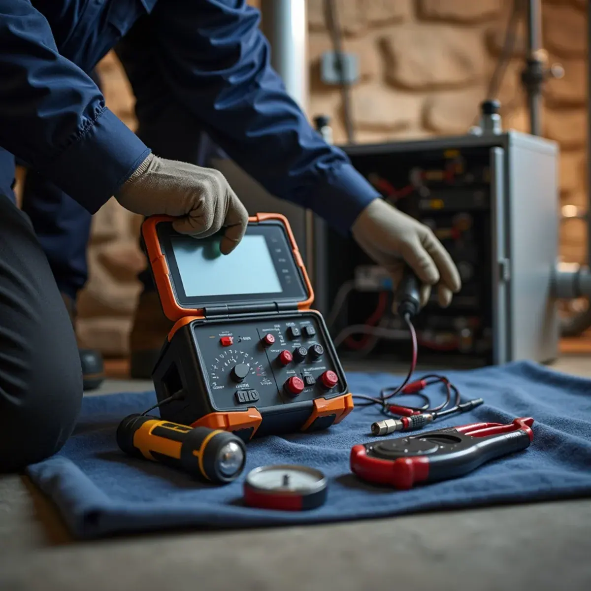 HVAC diagnostic tools laid out beside a gas furnace in a Westchester, NY basement