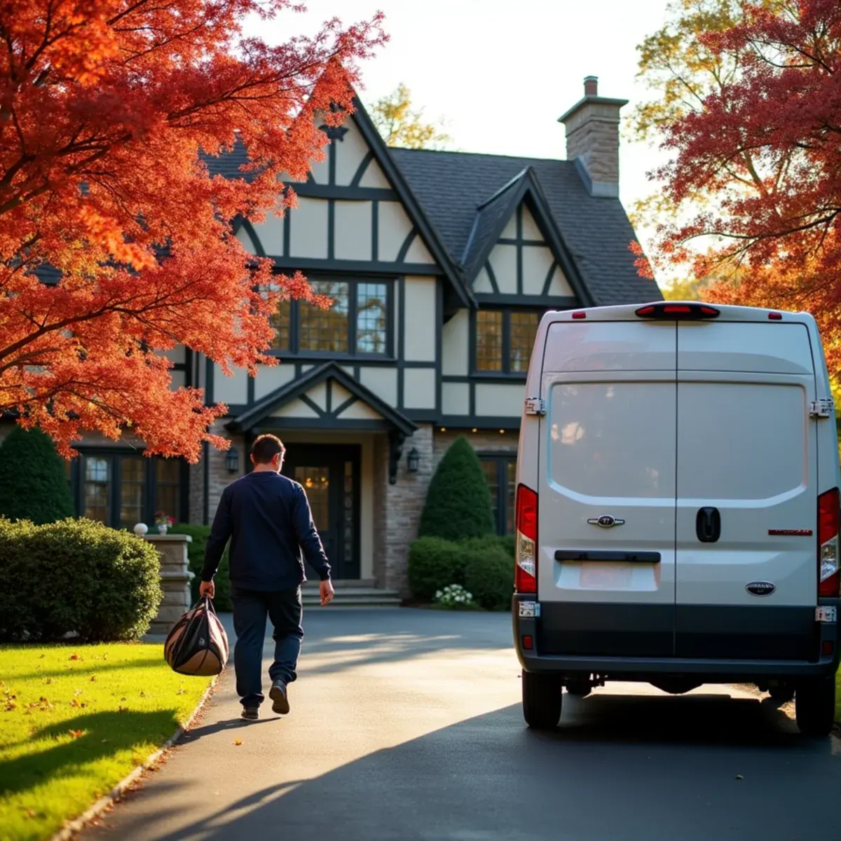 Family HVAC contractor's plain white service van outside a White Plains, NY Tudor home