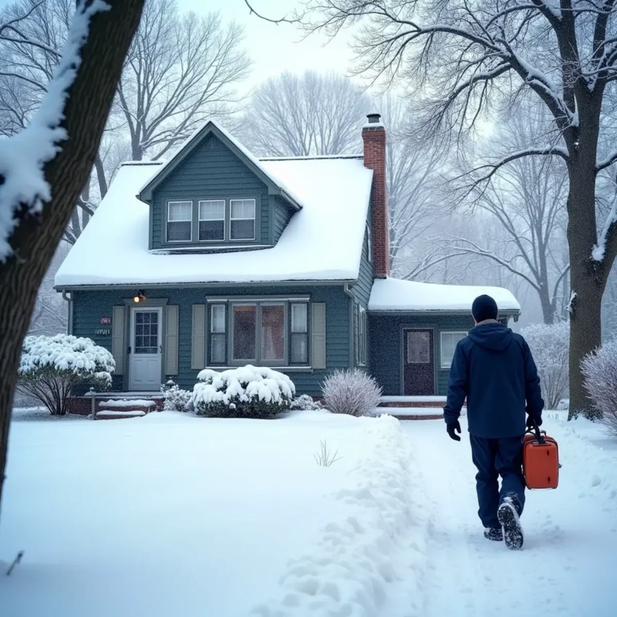 Snow-covered White Plains, NY home on a freezing morning waiting for no-heat repair