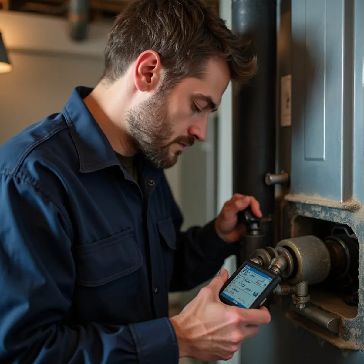 Technician running combustion analysis on an oil burner smoke pipe in White Plains, NY